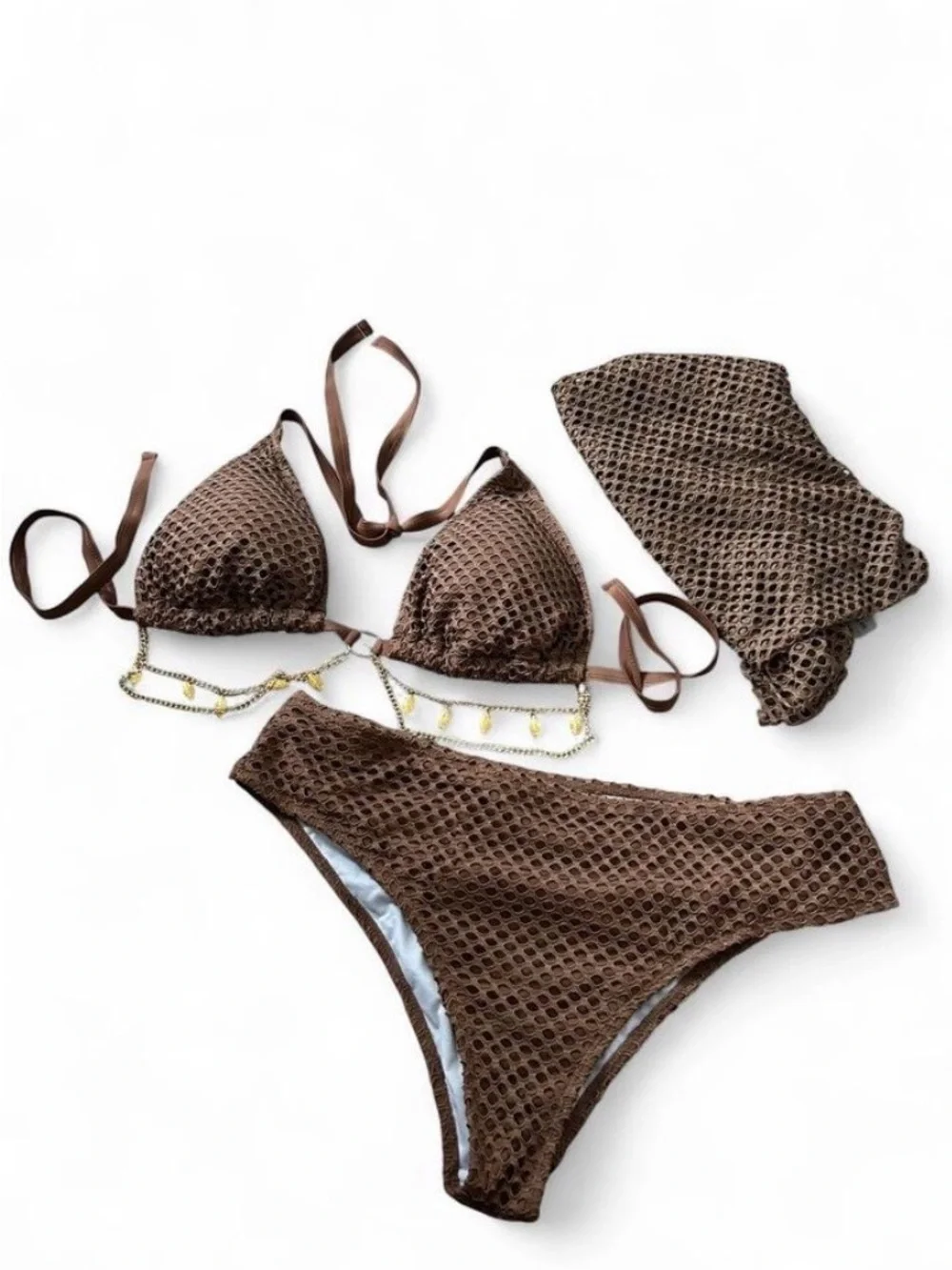 SHEIN Brown Textured Triangle Bikini Set with Cover-Up